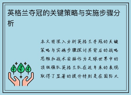 英格兰夺冠的关键策略与实施步骤分析 英格兰夺冠的关键策略与实施步骤分析