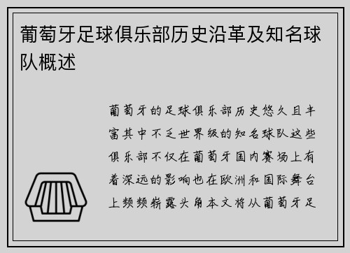葡萄牙足球俱乐部历史沿革及知名球队概述 葡萄牙足球俱乐部历史沿革及知名球队概述